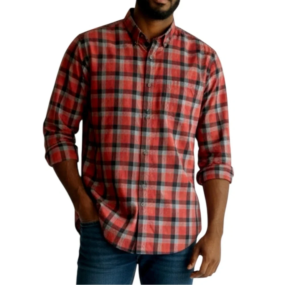 J.Crew 2-Ply Cotton Button Down Shirt Red Gray Black Check Plaid Long Sleeve L